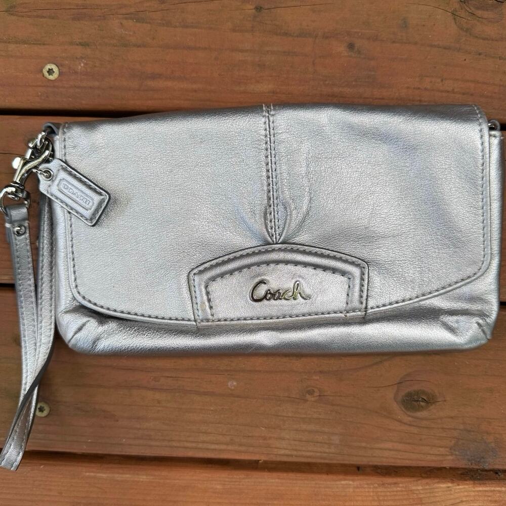 Coach Metallic Silver Leather Wristlet – Small Snap Wallet